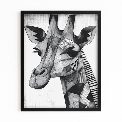 Framed black and white geometric giraffe art print on a white background