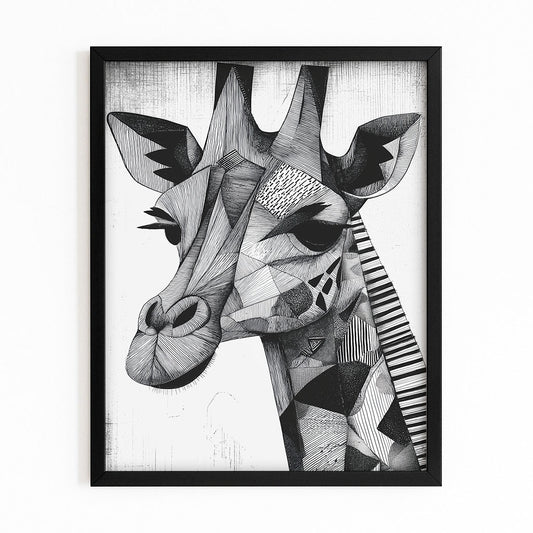 Framed black and white geometric giraffe art print on a white background