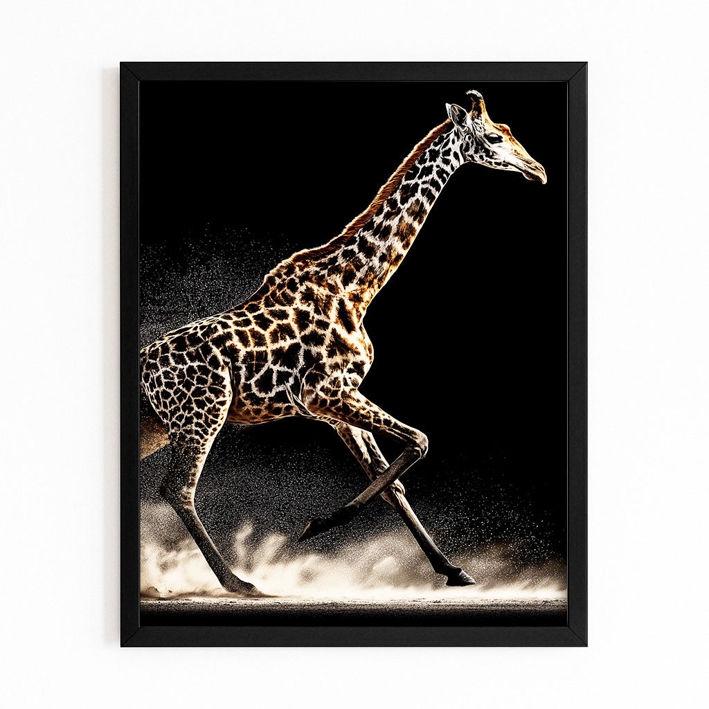 Framed artwork of a running giraffe on a black background