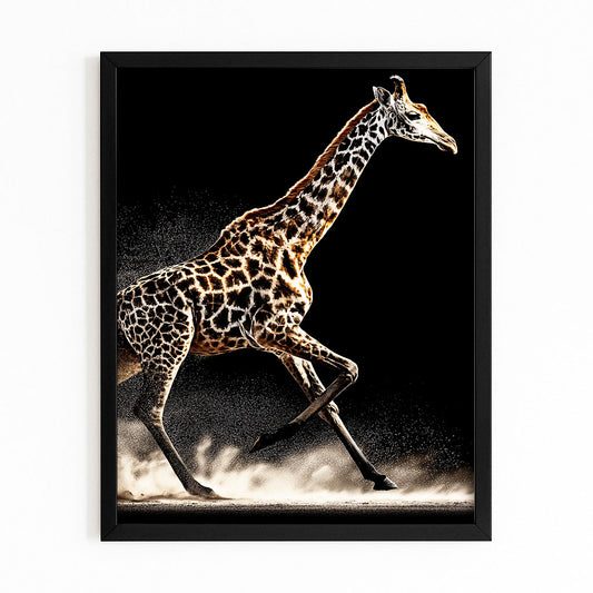 Framed artwork of a running giraffe on a black background