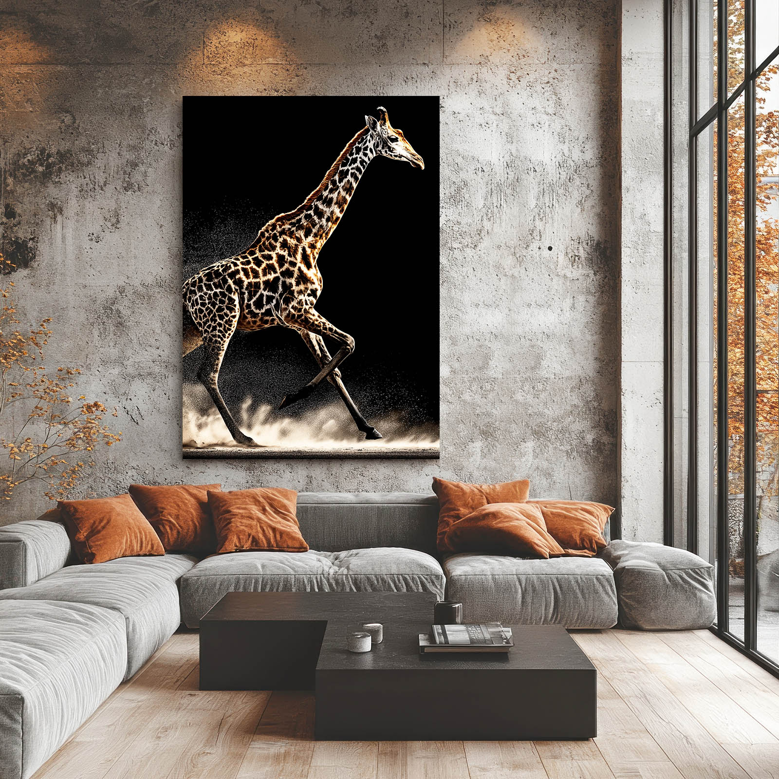 Giraffe painting on a wall above a gray sofa with orange cushions in a modern living room.
