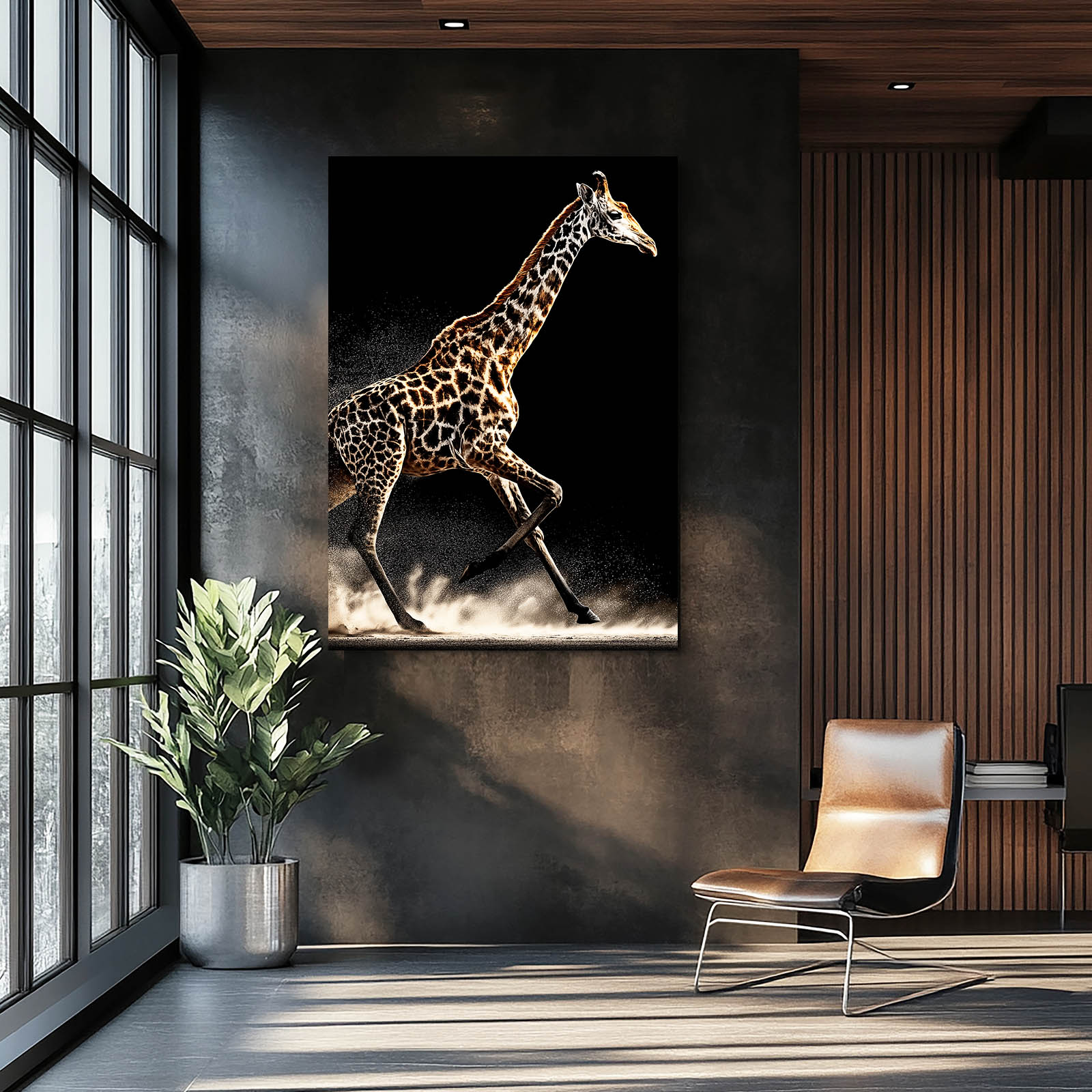 Modern interior with a large giraffe painting on the wall, a chair, and a plant.