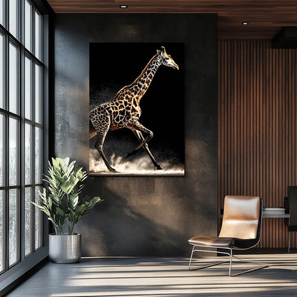 Modern interior with a large giraffe painting on the wall, a chair, and a plant.
