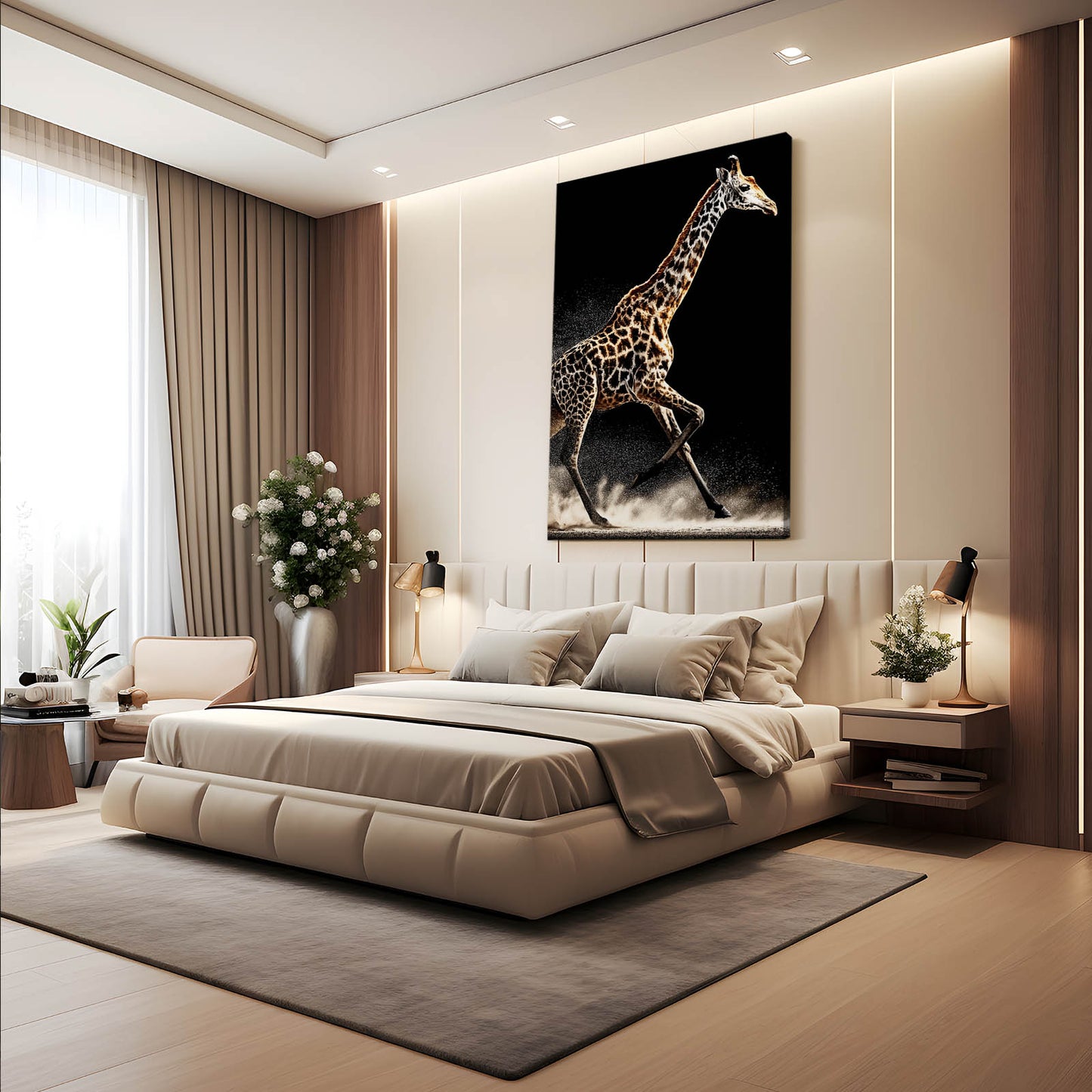 Modern bedroom with a large bed, side tables, and a giraffe painting on the wall.