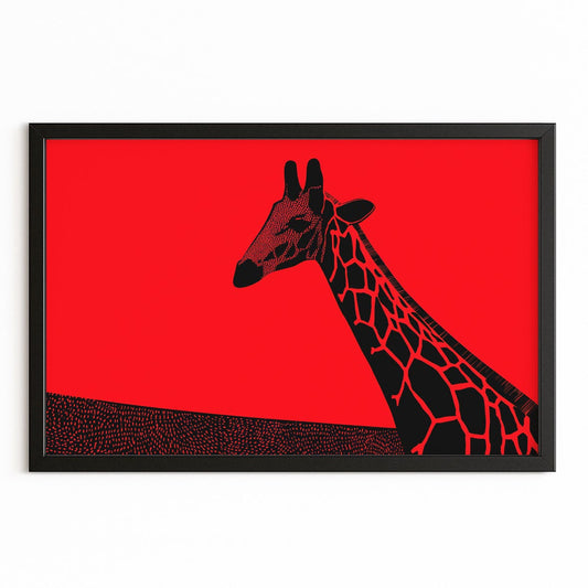 Framed artwork of a black giraffe silhouette on a red background
