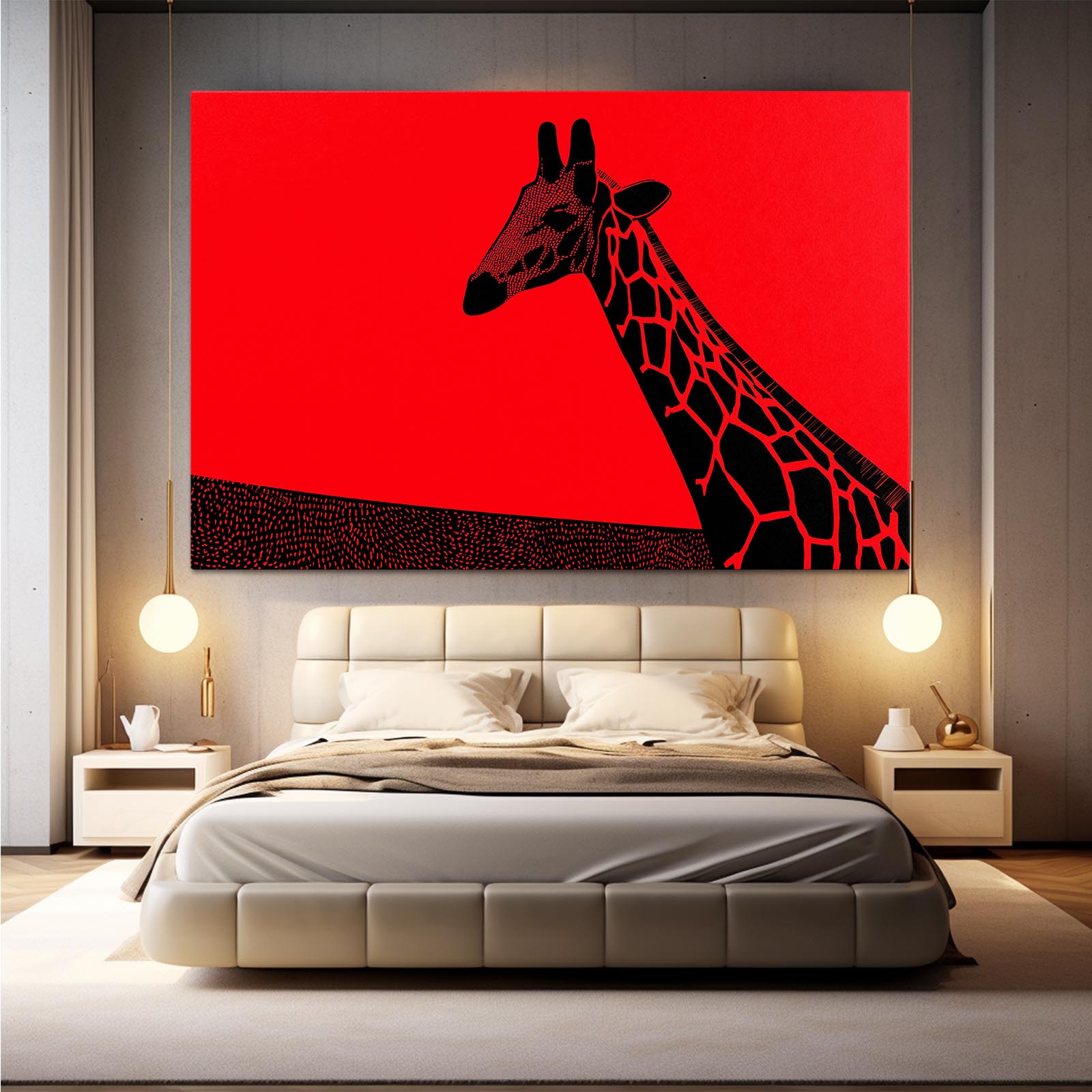 Modern bedroom with a large abstract painting of a giraffe on a red background.