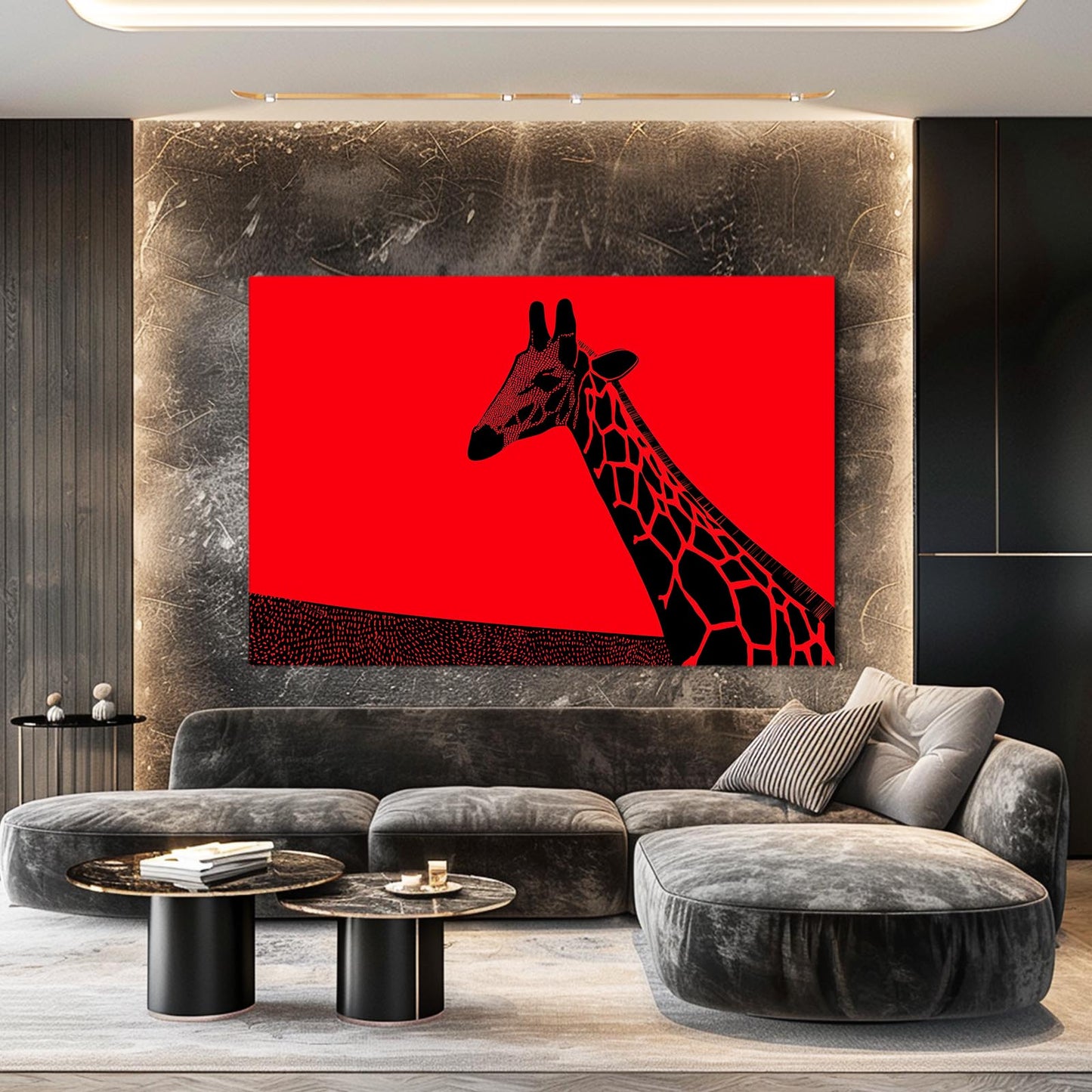 Modern living room with a large abstract painting of a giraffe on a red background.