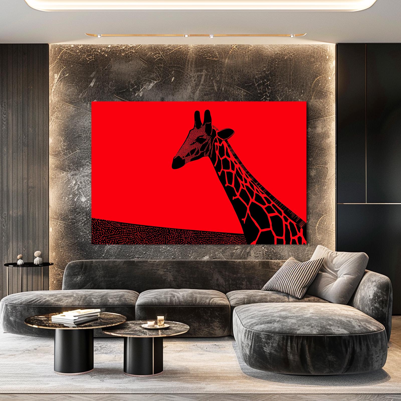 Modern living room with a large abstract painting of a giraffe on a red background.