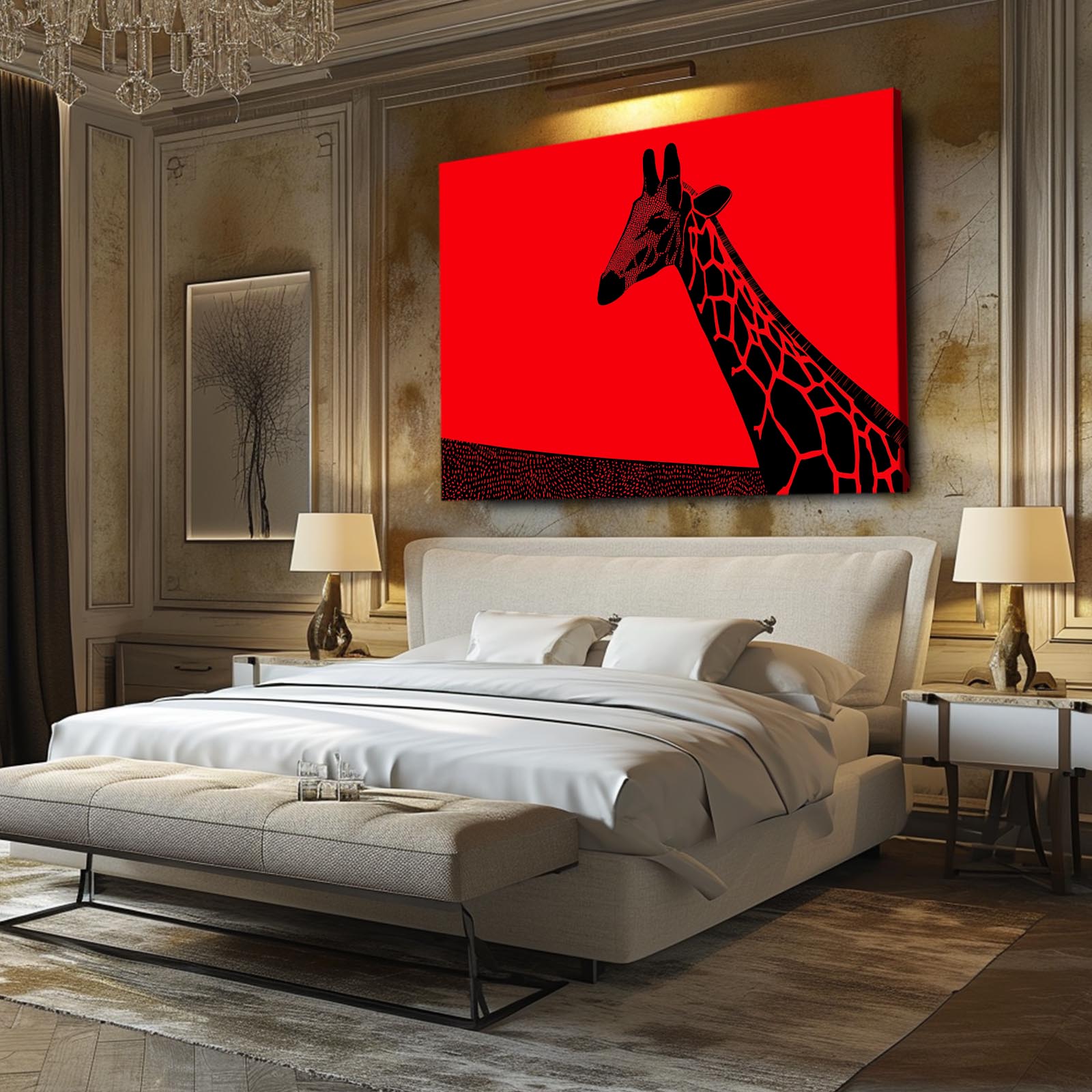 Modern bedroom with a large bed and a red and black giraffe painting on the wall.