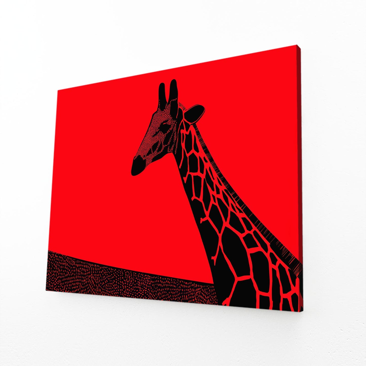 Black giraffe silhouette on a red square background