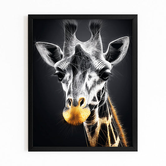 Framed artwork of a giraffe's face with a black background
