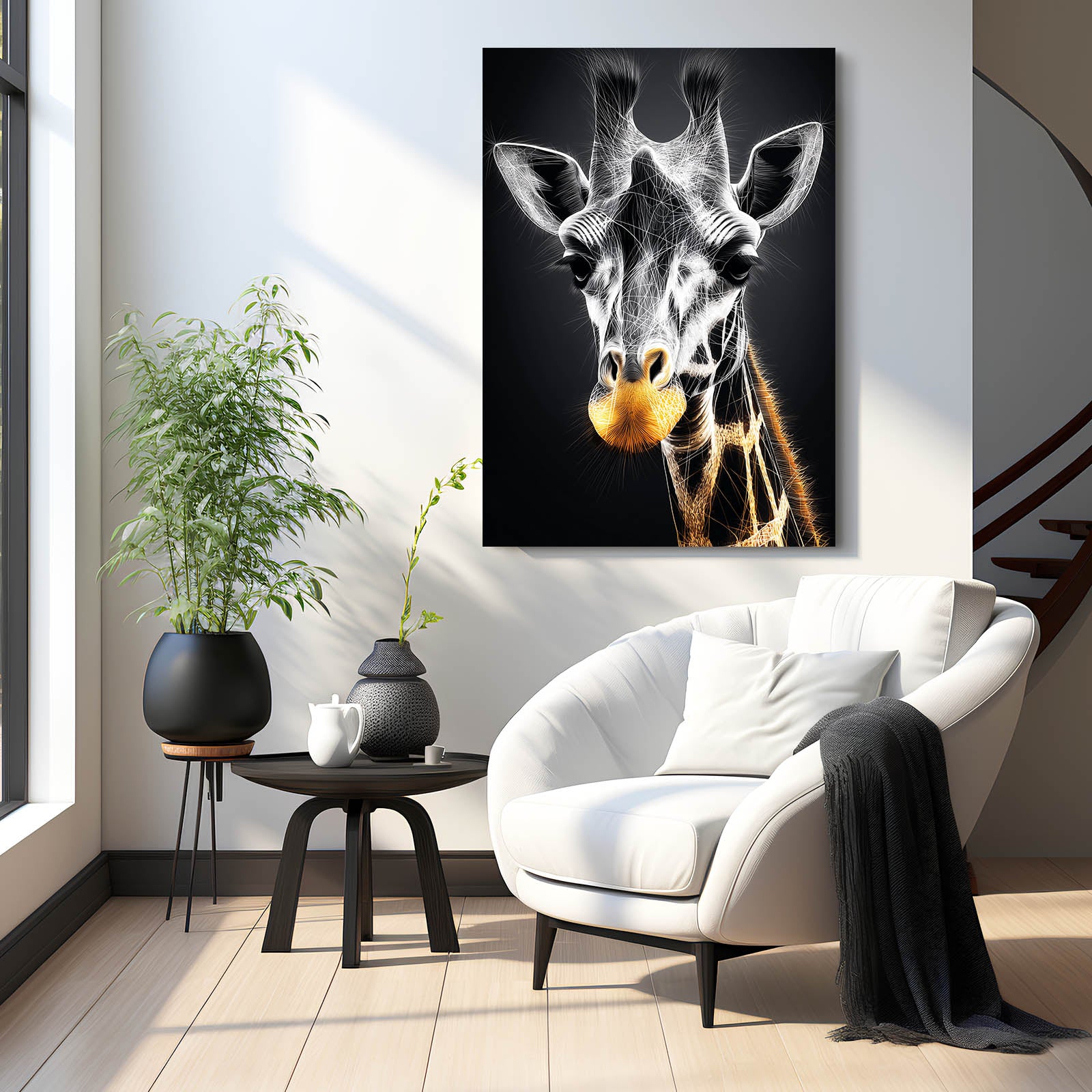 Modern interior with a white armchair, side table, and plant, featuring a large framed picture of a giraffe on the wall.