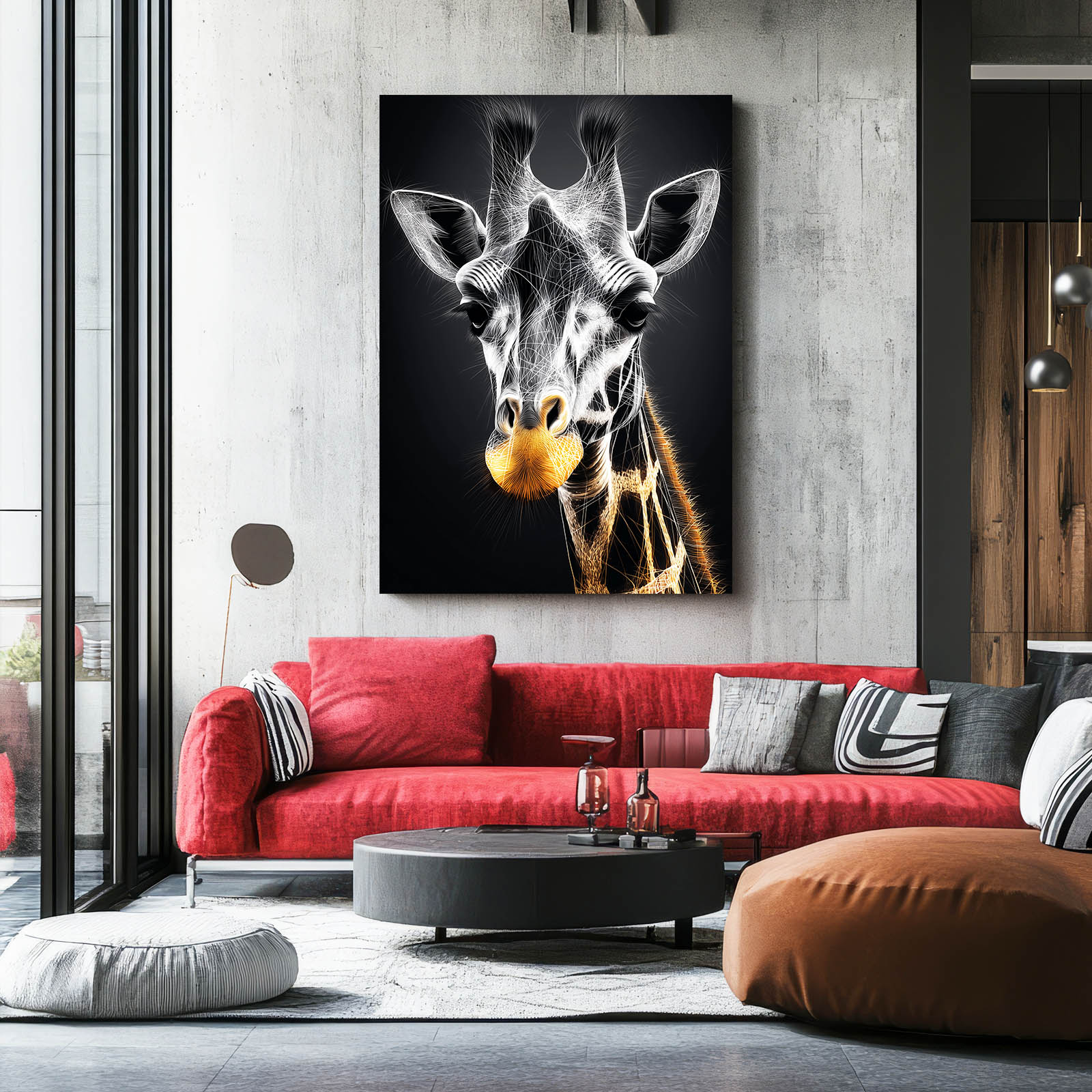 Living room with a red sofa, coffee table, and a large framed picture of a giraffe on the wall.