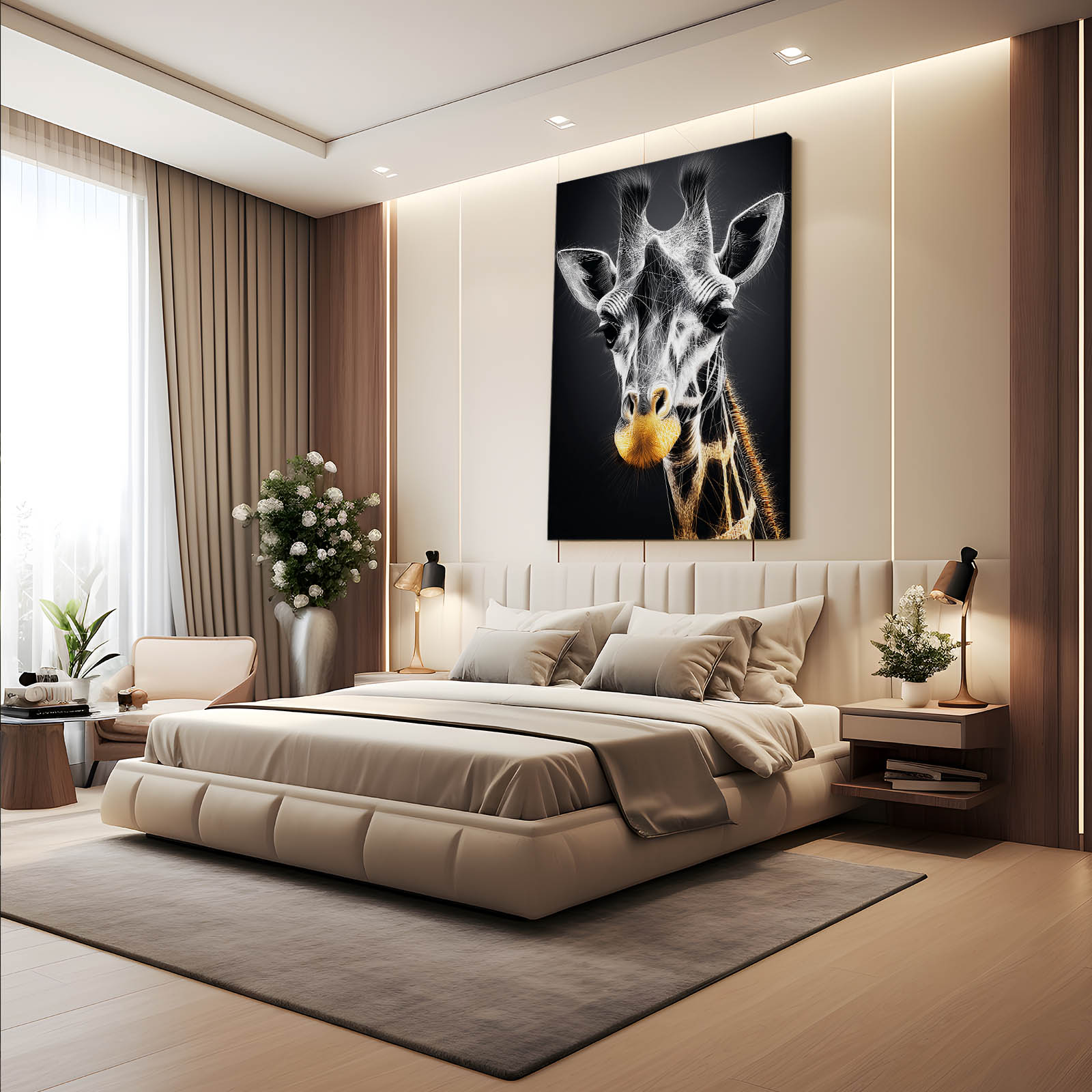 Modern bedroom with a large bed, decorative pillows, and a giraffe painting on the wall.
