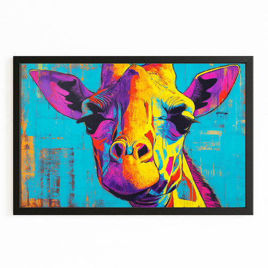 Colorful abstract giraffe painting on a blue background