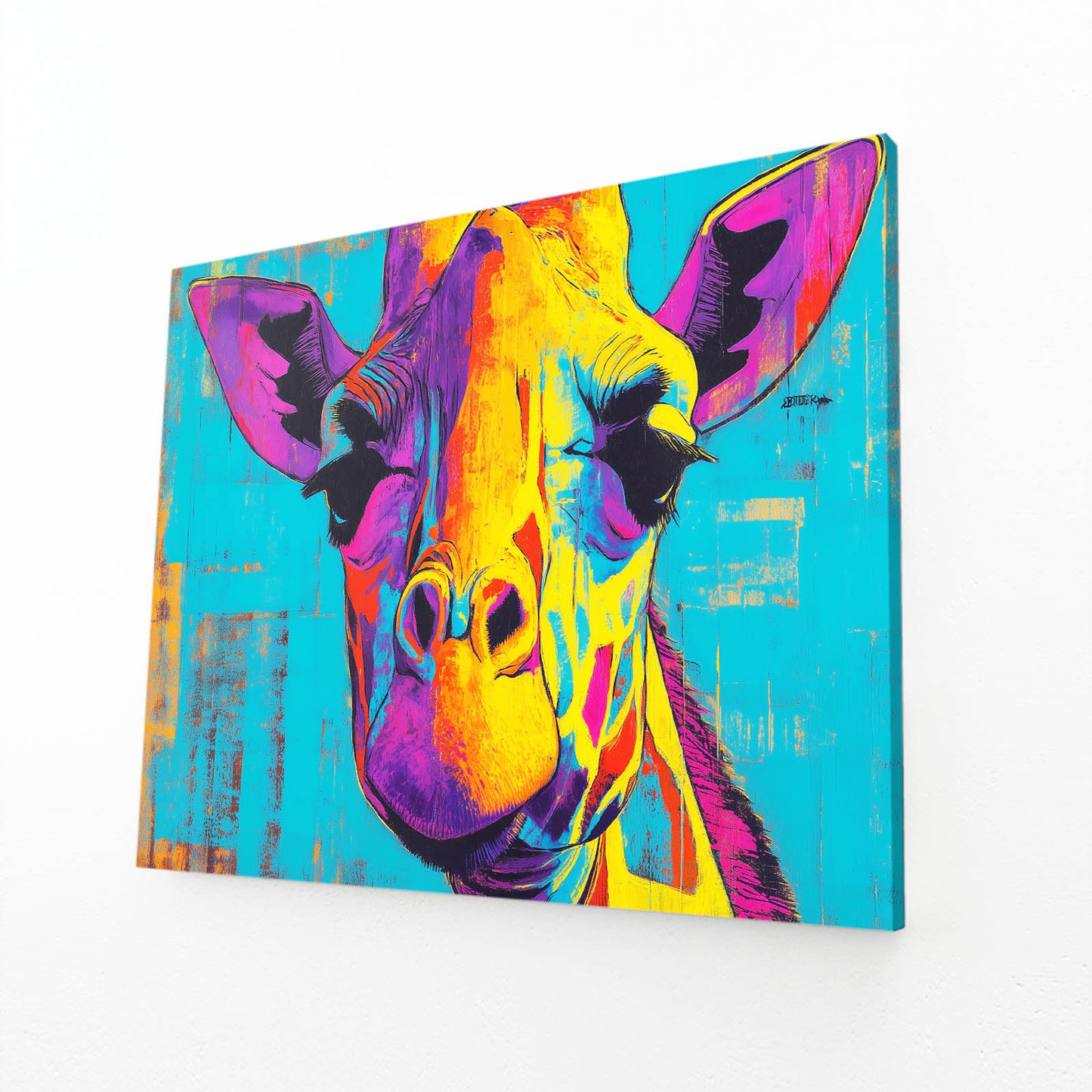 Colorful painting of a giraffe on a blue background
