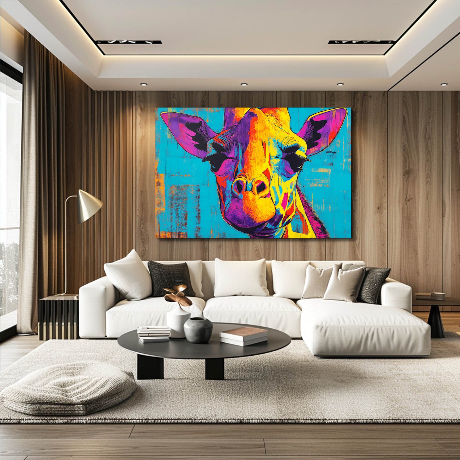 Modern living room with a colorful abstract painting of a cow on the wall.