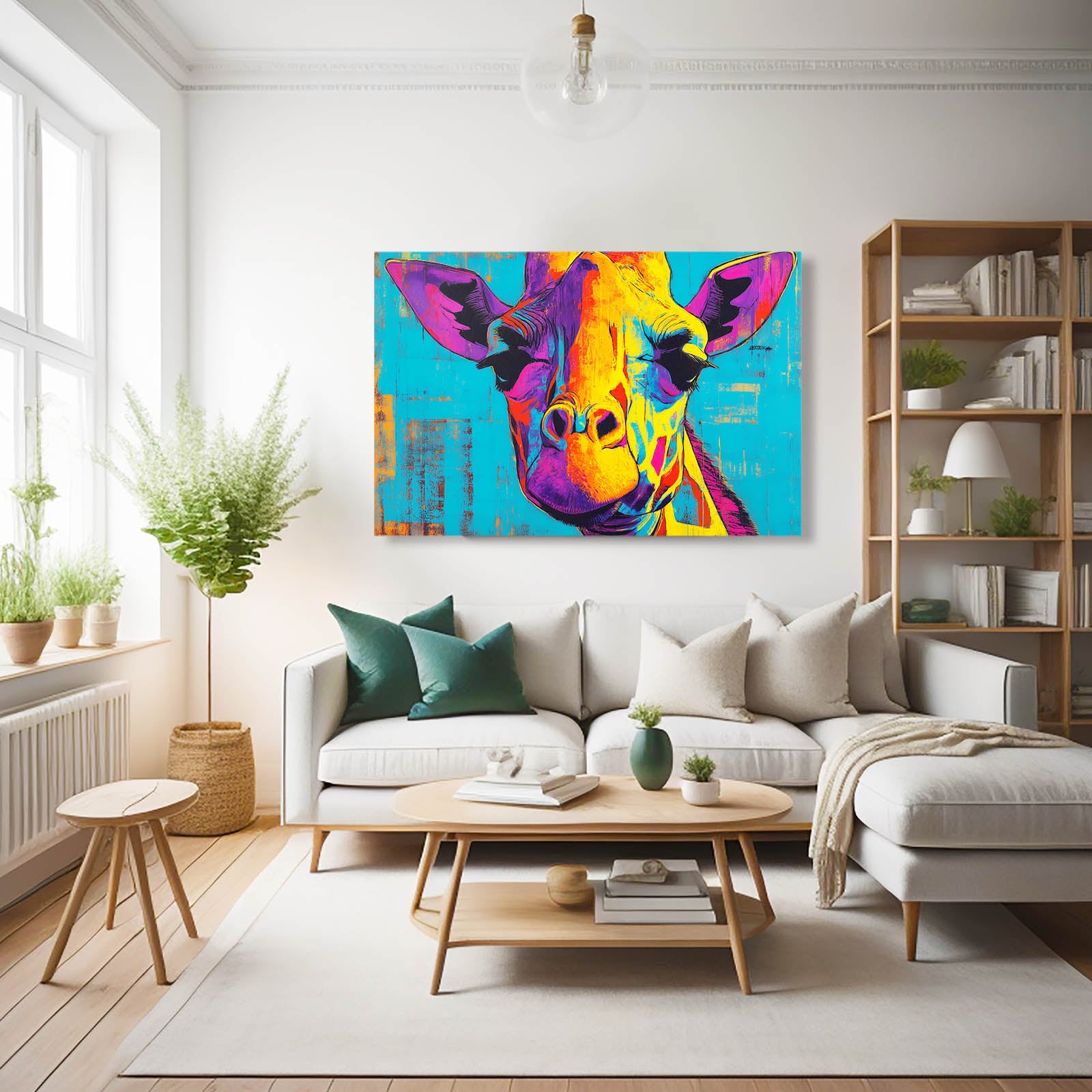 Modern living room with a colorful abstract painting of a cow on the wall.