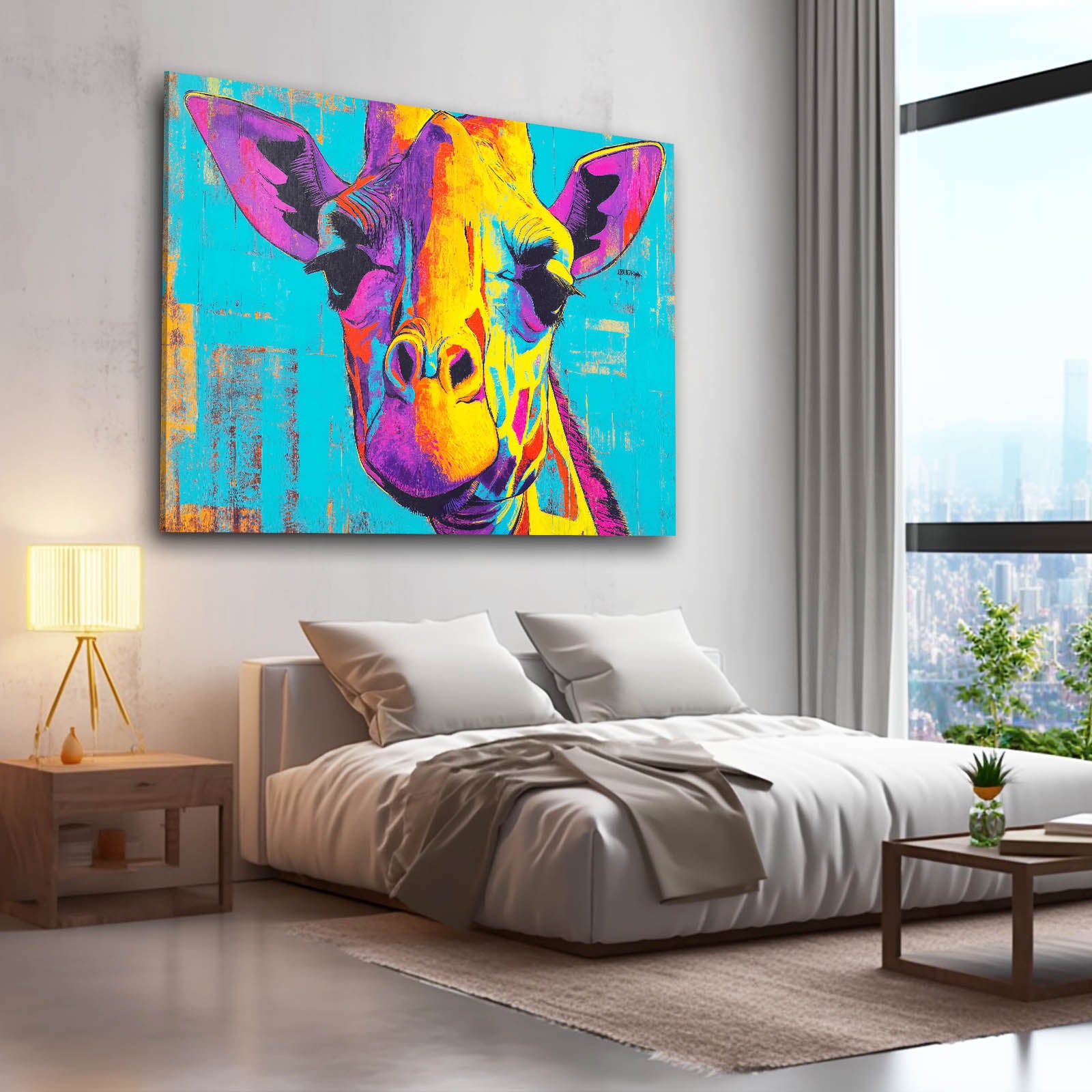 Colorful giraffe painting on a wall above a bed in a modern bedroom.