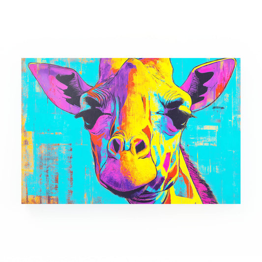 Colorful abstract painting of a giraffe's face on a blue background
