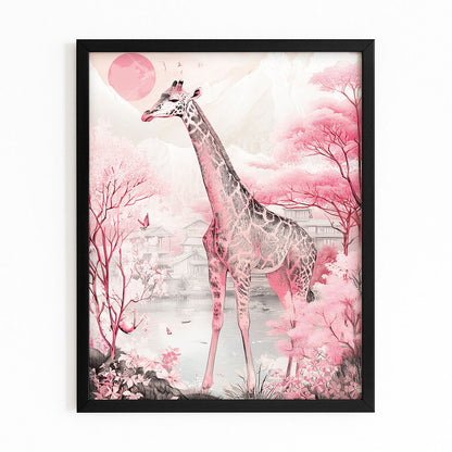 Framed artwork of a giraffe in a pink forest with a black frame.