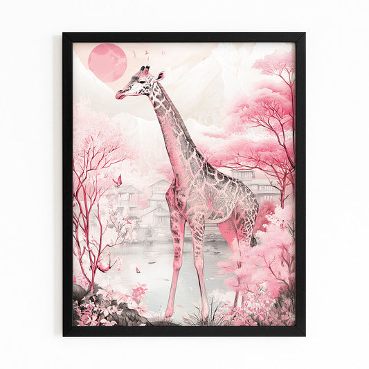 Framed artwork of a giraffe in a pink forest with a black frame.