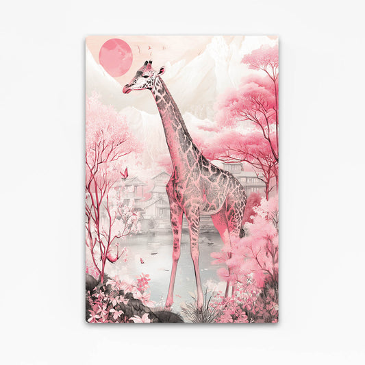 Giraffe in a pink forest with cherry blossoms and a pink moon
