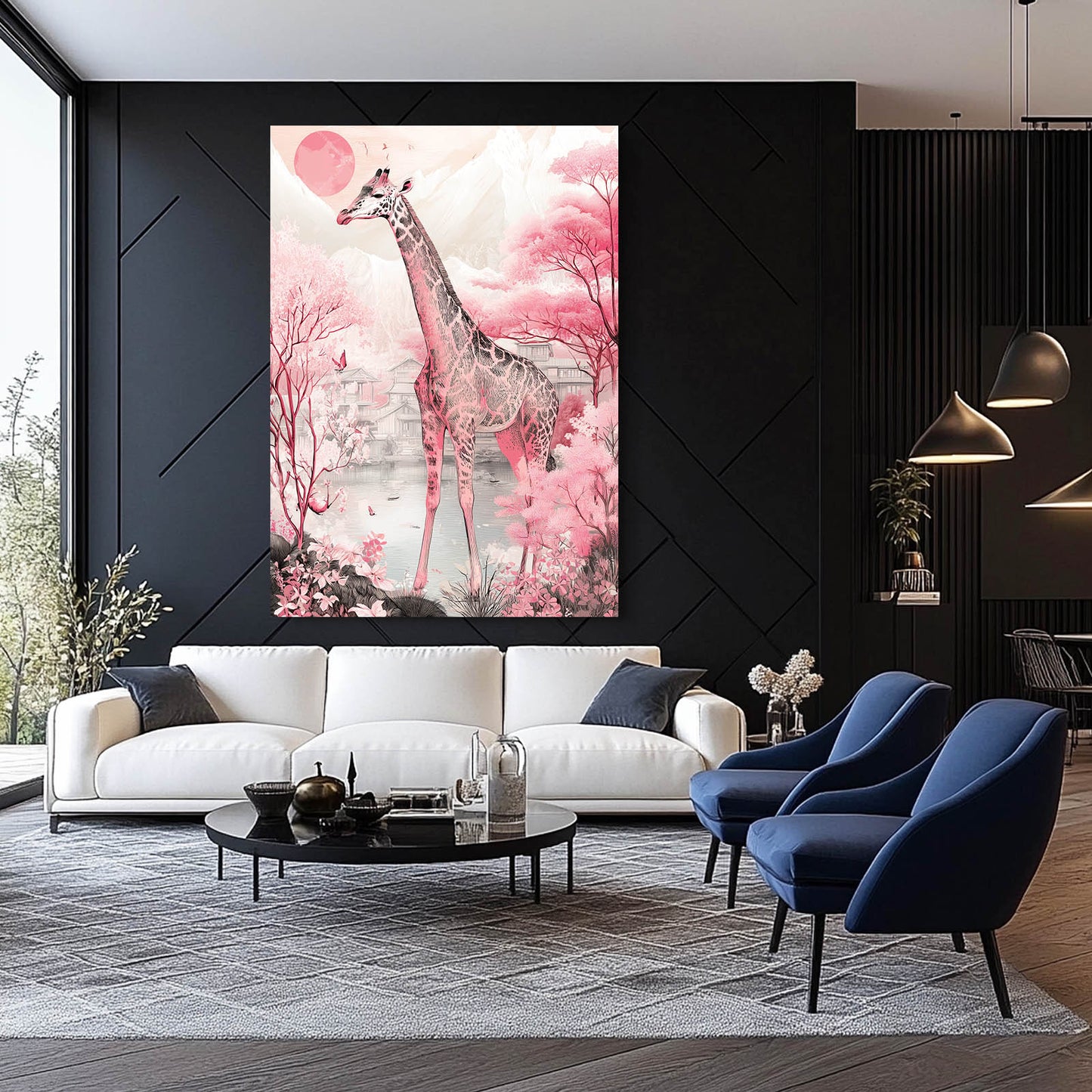 Modern living room with a white sofa, blue chairs, and a pink giraffe painting on the wall.