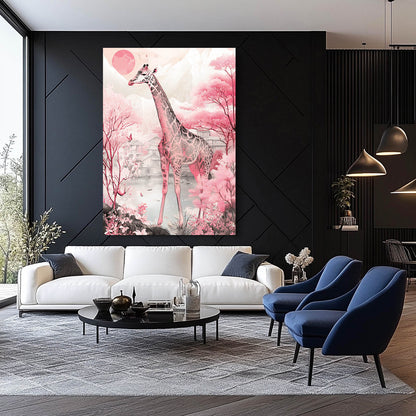 Modern living room with a white sofa, blue chairs, and a pink giraffe painting on the wall.