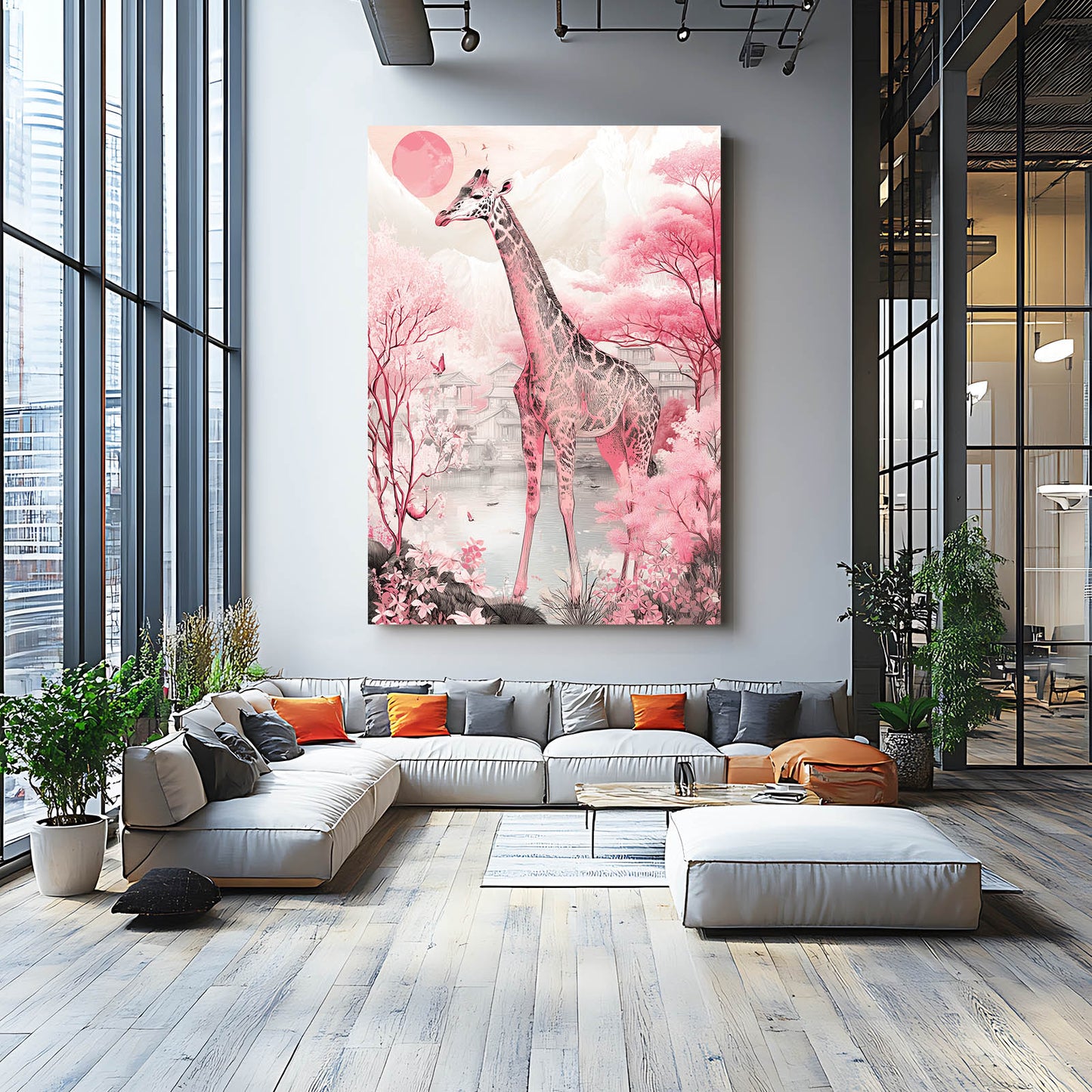 Modern living room with a large giraffe painting on the wall