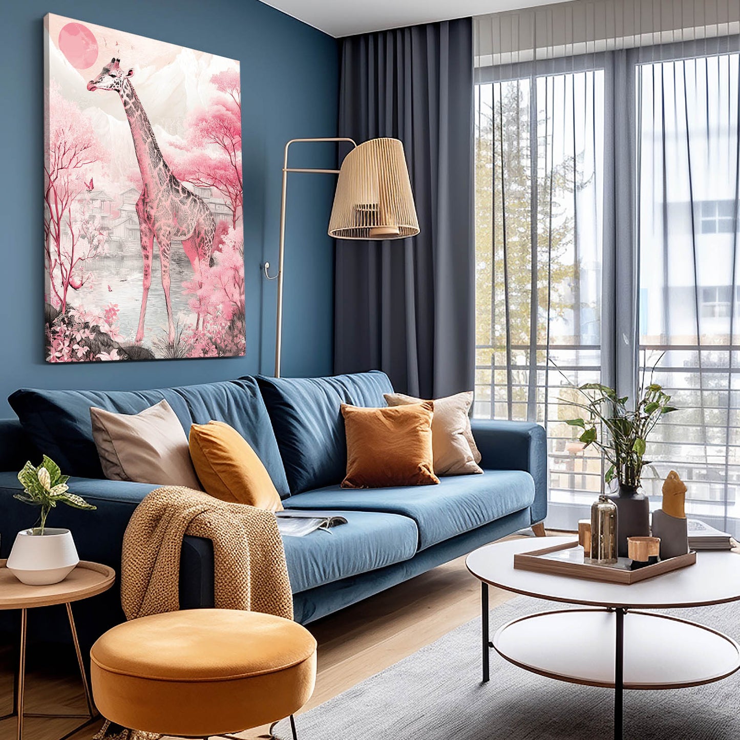 Modern living room with blue sofa, orange pouf, and decorative items.