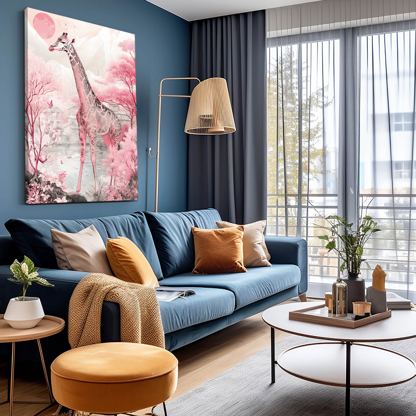 Modern living room with blue sofa, orange pouf, and decorative items.