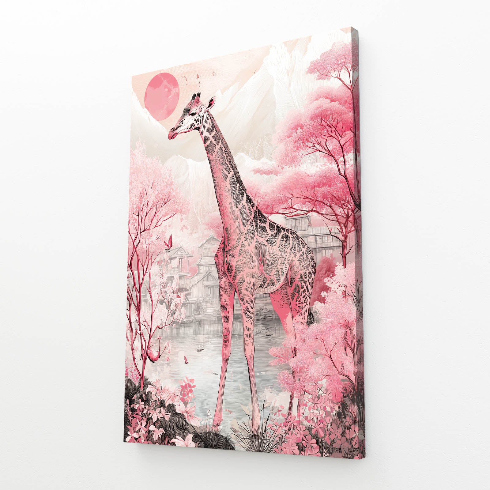 Giraffe in a pink forest with a large moon in the sky