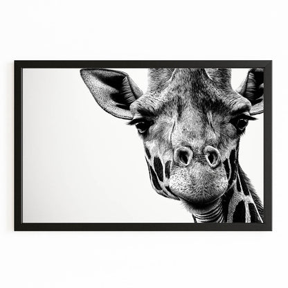 Black and white illustration of a giraffe's head with a black frame on a white background