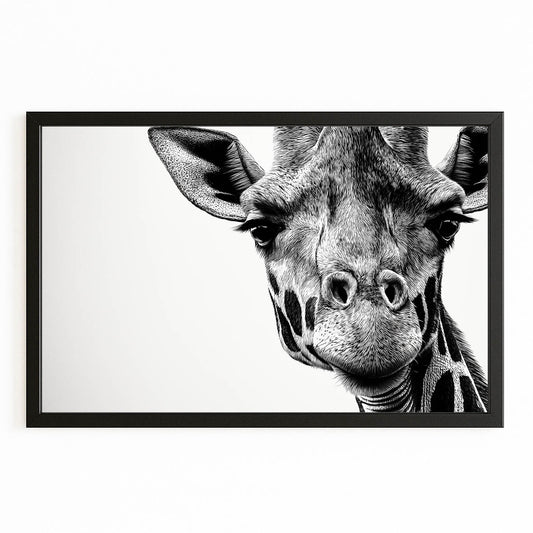 Black and white illustration of a giraffe's head with a black frame on a white background