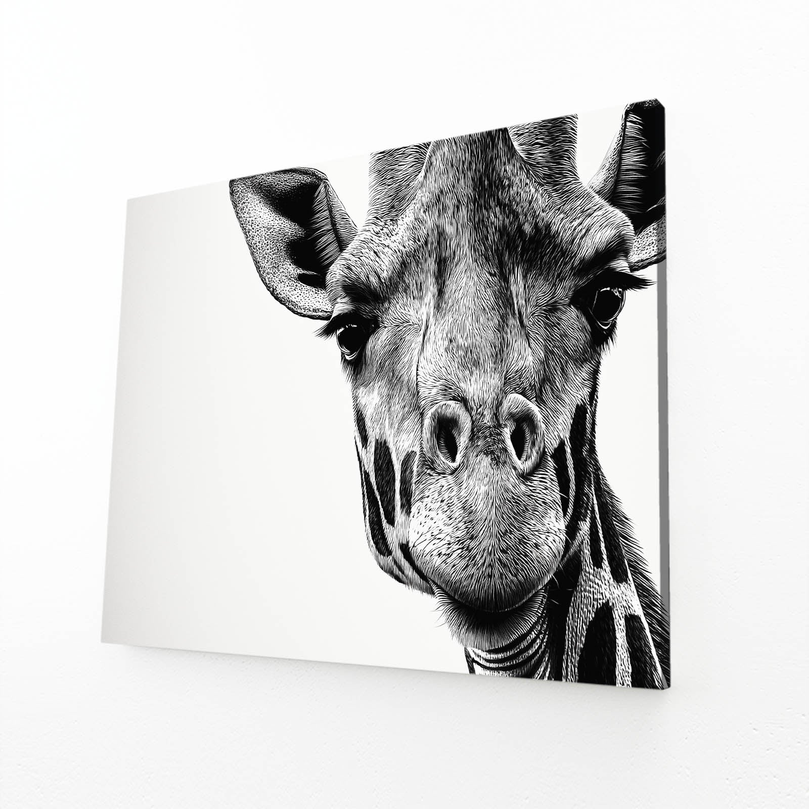 Canvas print of a black and white giraffe on a white background