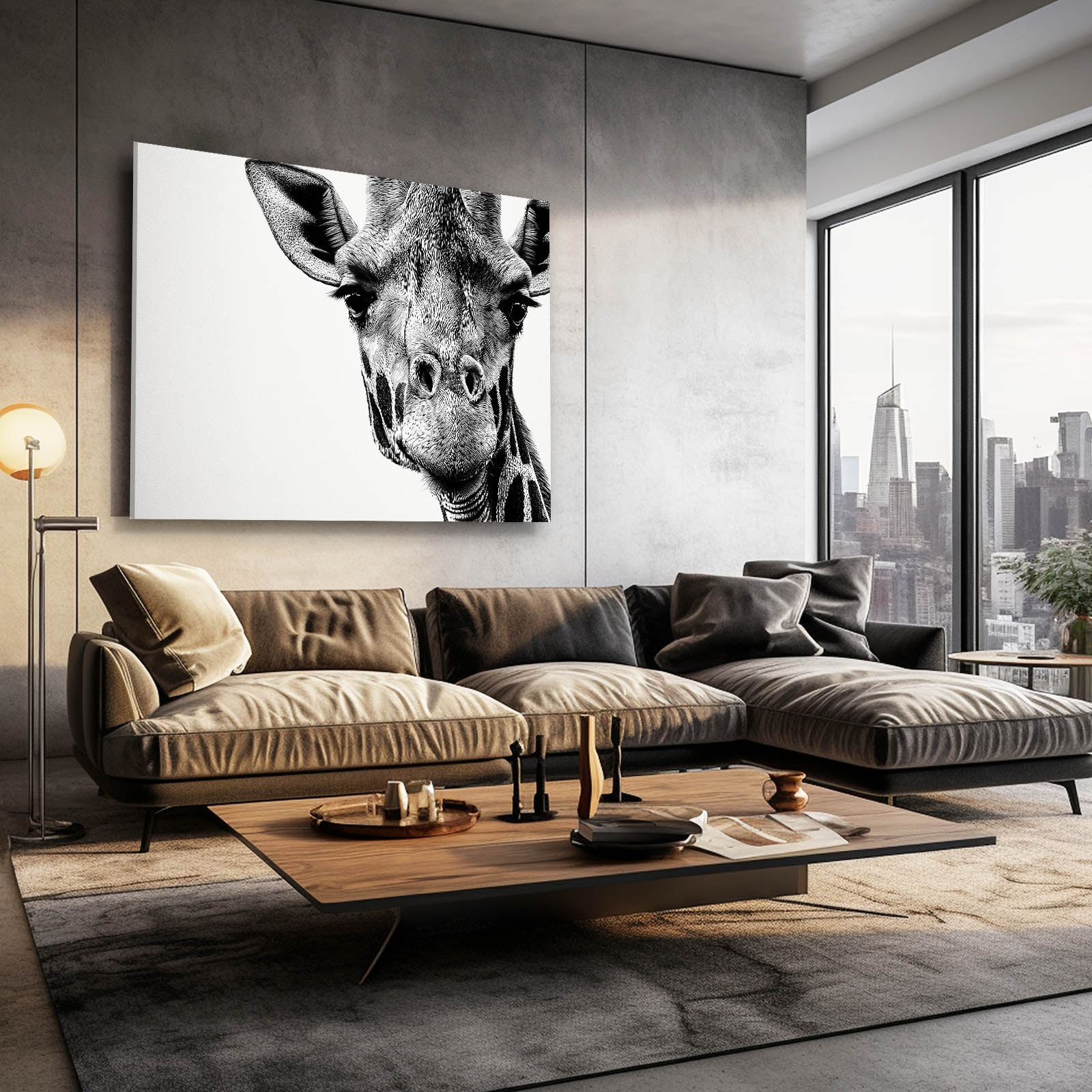 Modern living room with a large giraffe painting on the wall and a cityscape view.