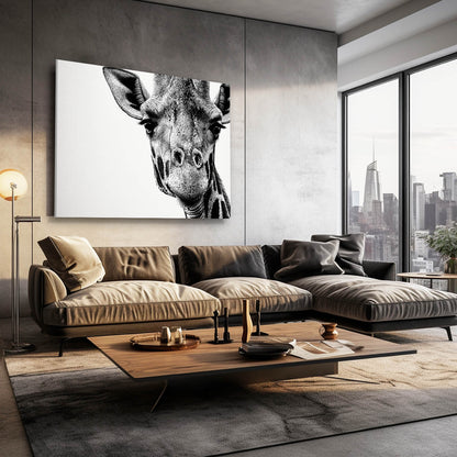 Modern living room with a large giraffe painting on the wall and a cityscape view.