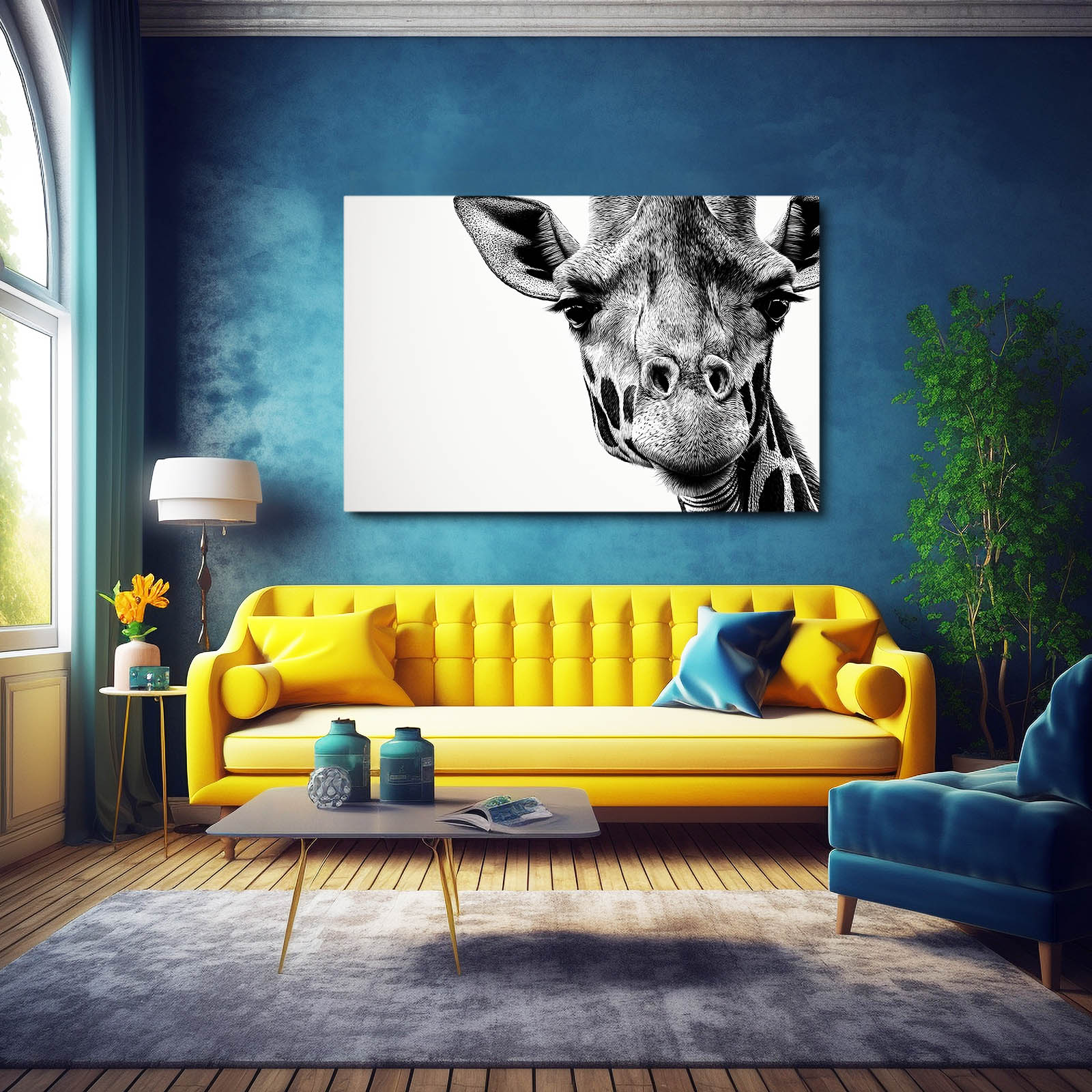 Modern living room with a yellow sofa, blue armchair, and a large giraffe painting on the wall.