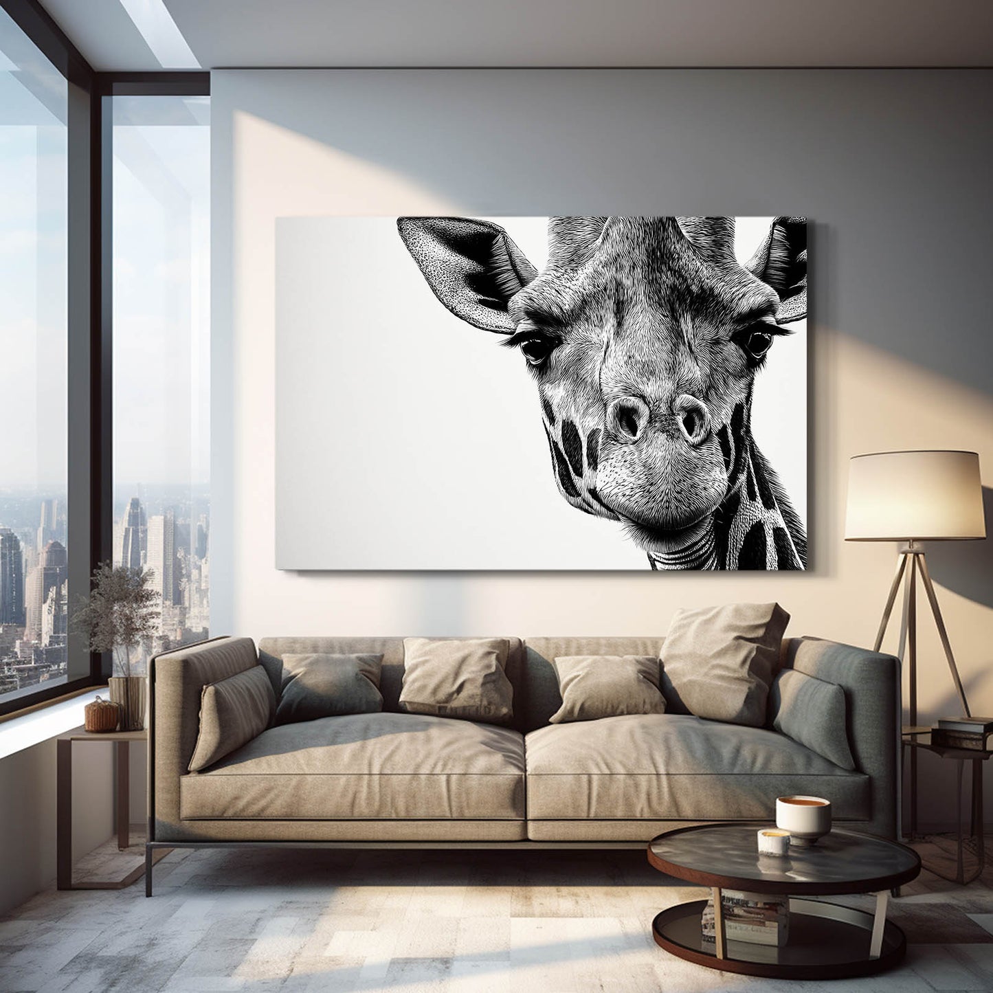 Living room with a large giraffe painting on the wall above a sofa.