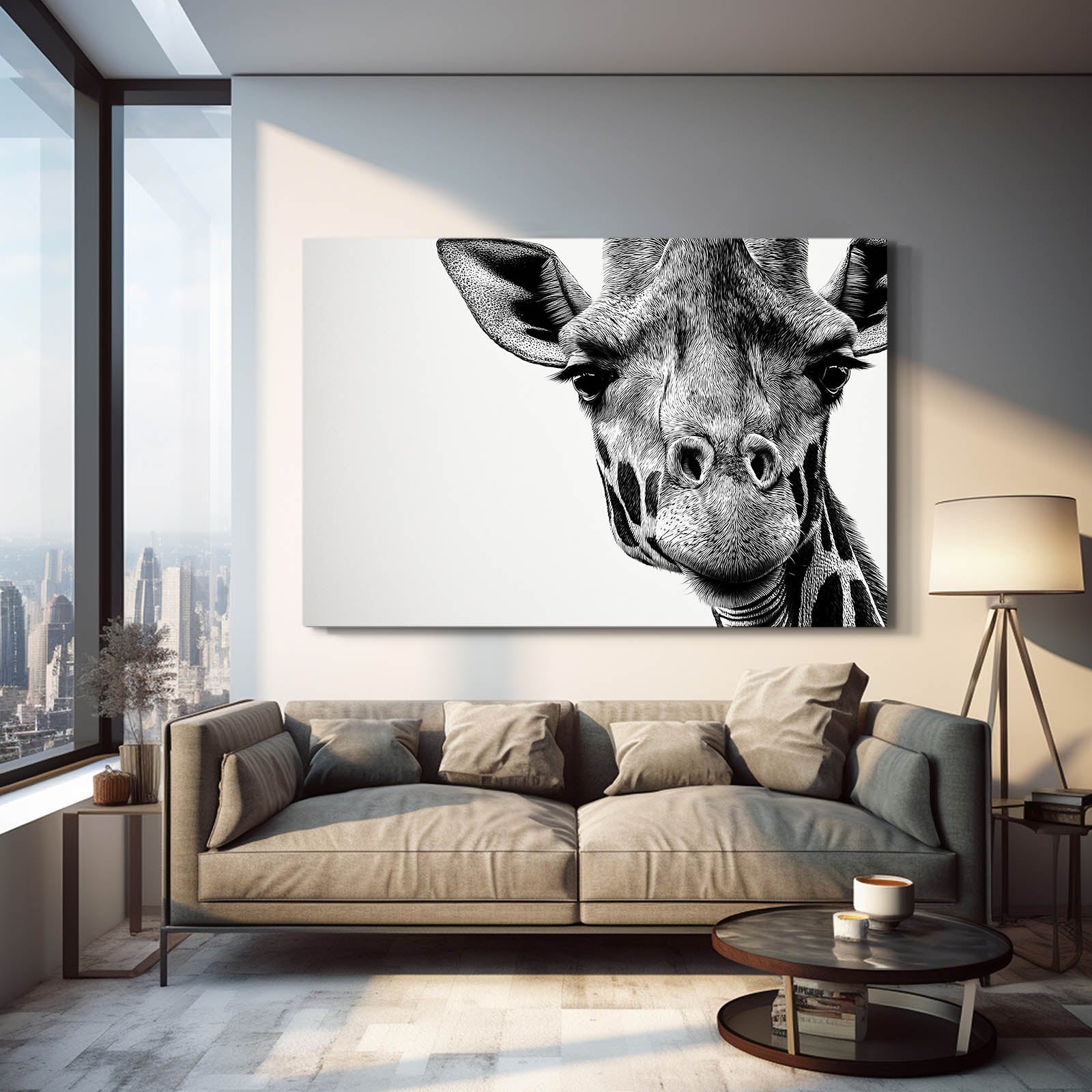 Living room with a large giraffe painting on the wall above a sofa.