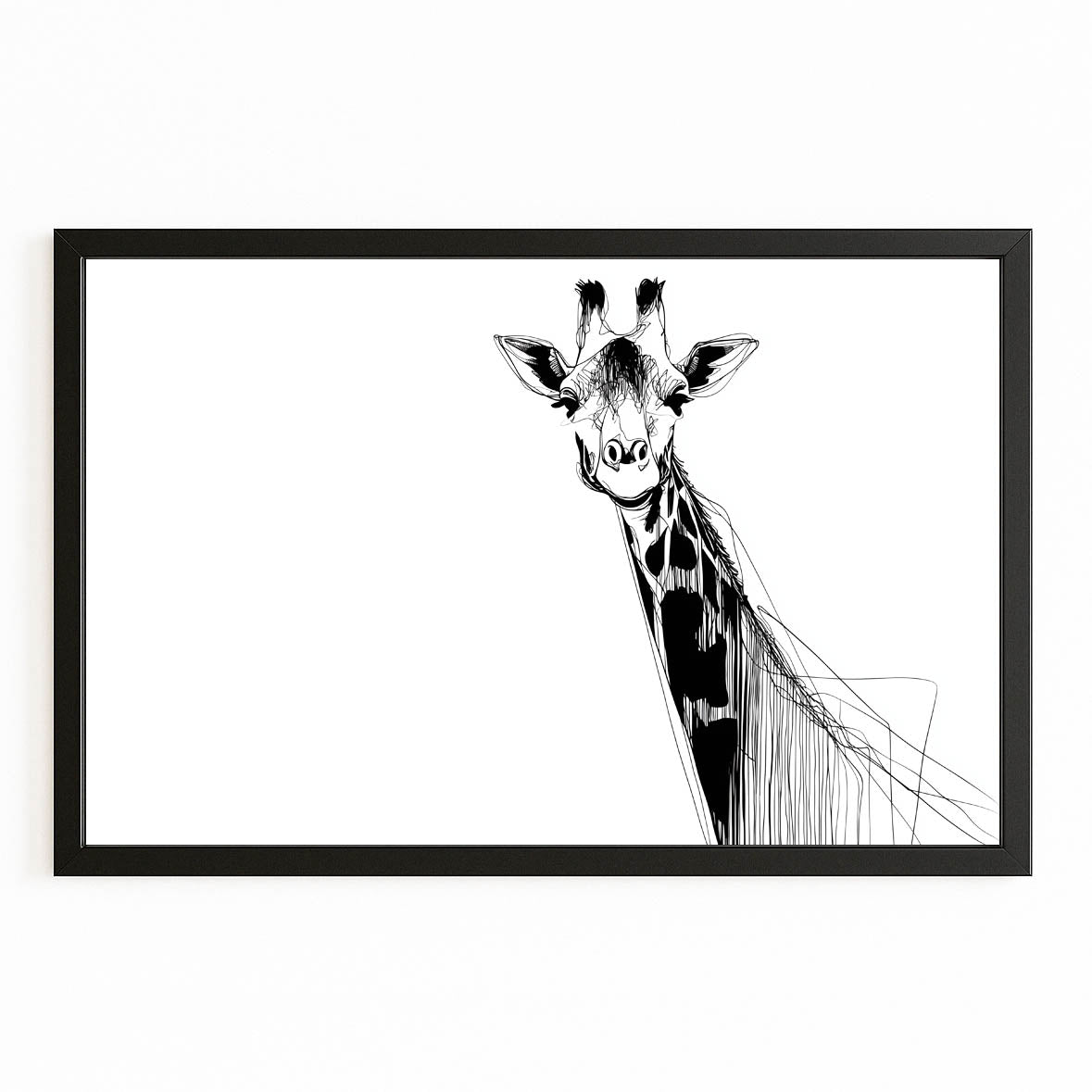 Framed black and white illustration of a giraffe on a white background