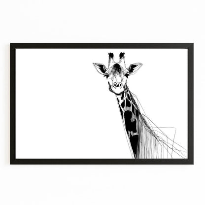 Framed black and white illustration of a giraffe on a white background
