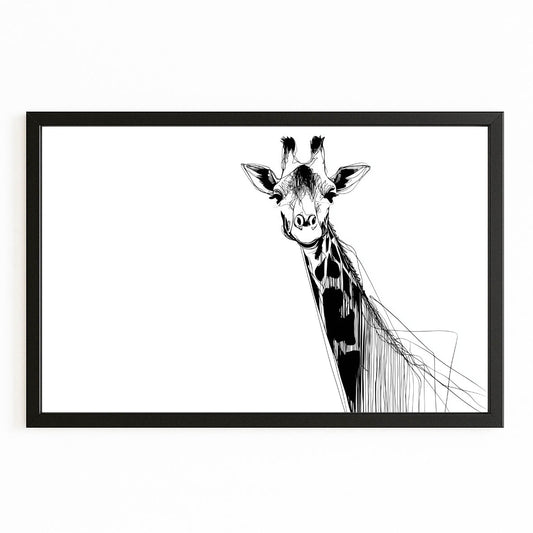 Framed black and white illustration of a giraffe on a white background