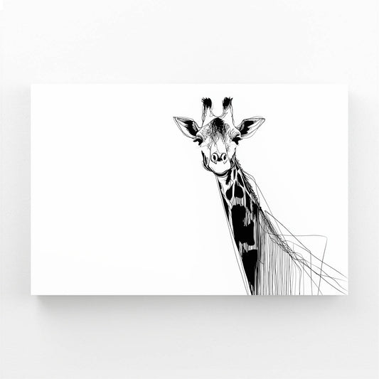 Black and white line drawing of a giraffe on a white background
