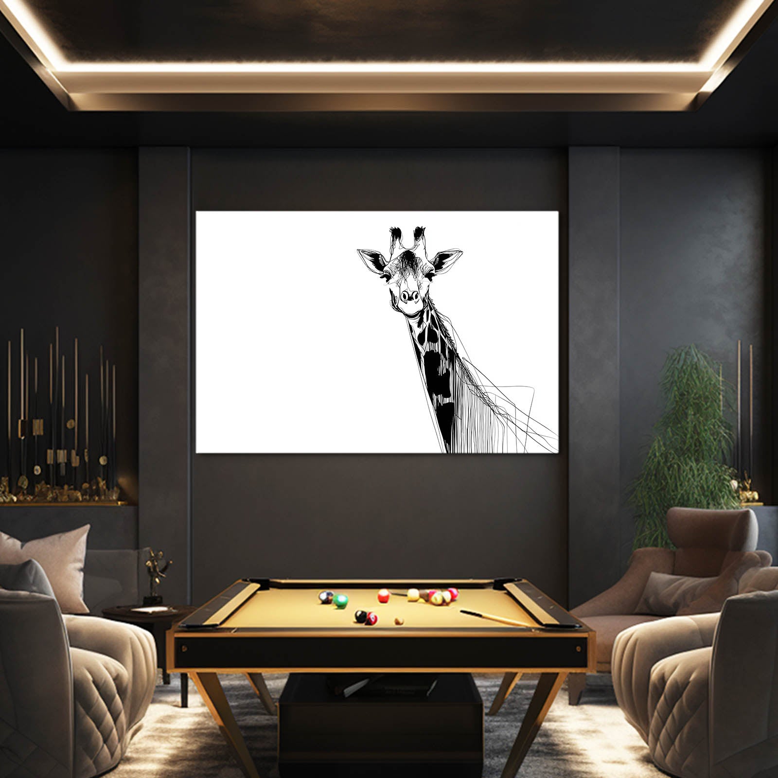 Modern living room with a pool table and a large framed black and white giraffe illustration on the wall.