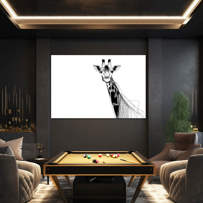 Modern living room with a pool table and a large framed black and white giraffe illustration on the wall.