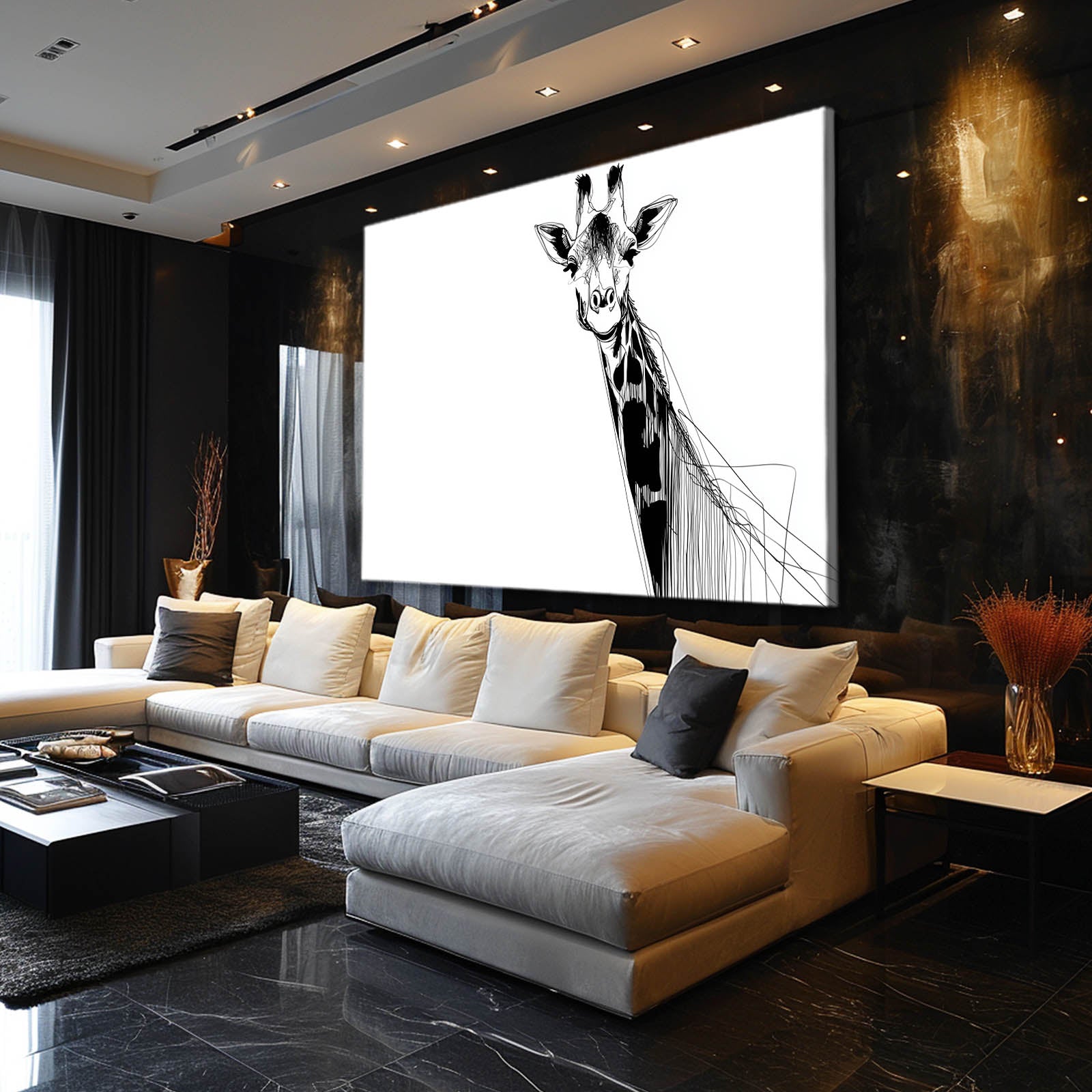 Modern living room with a large giraffe painting on the wall