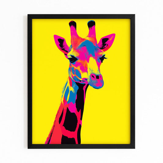 Colorful giraffe illustration on a yellow background with a black frame.