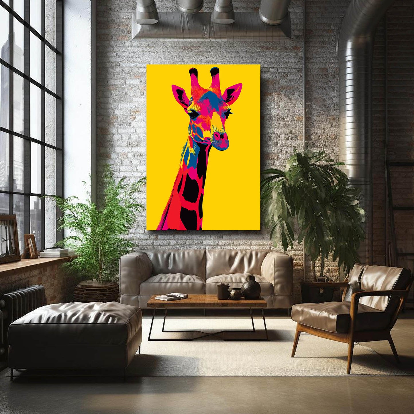 Living room with a colorful giraffe painting on the wall